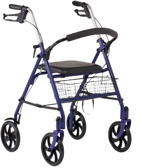 Steel Rollator Walker with Seat, Blue, 300 lb. Weight Capacity, 8” Wheels